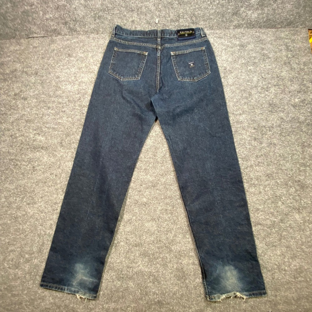 Nautica Jeans Co Mens 34x31 Dark Wash Straight Leg Distressed Denim 90s Vintage